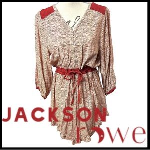 NWT Jackson Rowe Burgundy/Cream Evie Juno Cinched Drawstring Waist Dress (XS/S)